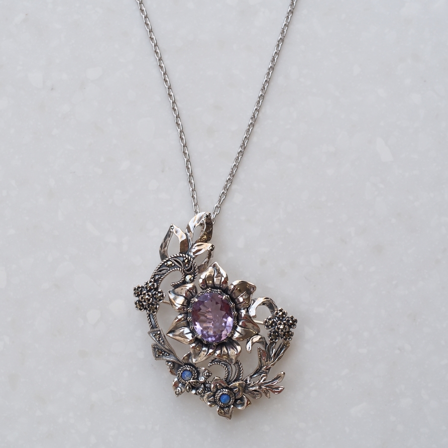 ROKUZAN アメジスト クレマチス ブローチ ペンダントトップ (チェーン