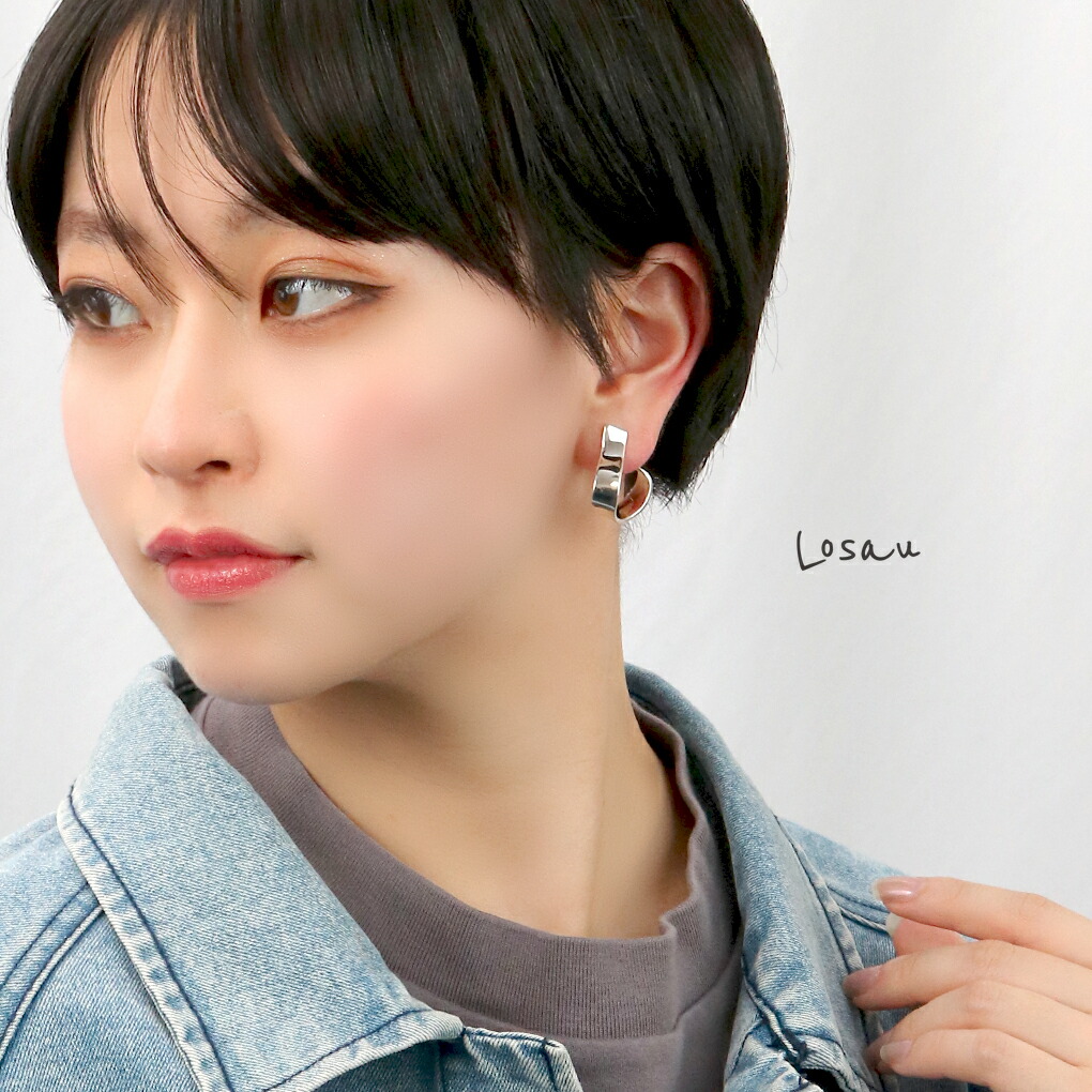 Losau 大振り ウェーブ リボン フープピアス イヤリング シルバー 925