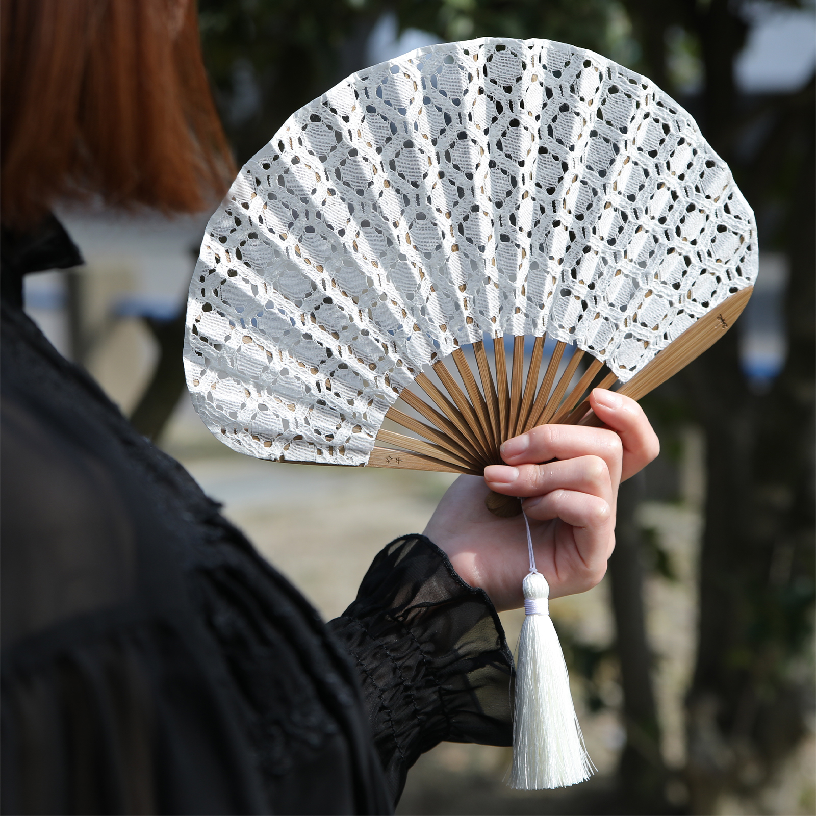 ココア　純銀　扇 扇子 レディース 高級 布扇子 姫扇 レース生地 タッセル付き