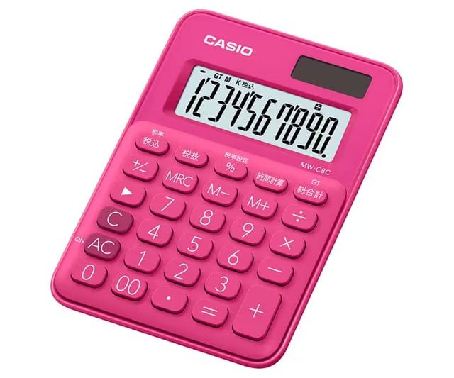 カシオ CASIO ミニミニジャスト型カラフル電卓 MW-C8C-BU-N MW-C8C-YG-N MW-C8C-PL-N MW-C8C-RD-N