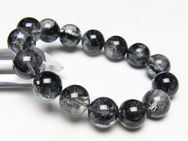 ブラックエレスチャルクォーツ 骸骨水晶 ブレスレット 15mm t124-5380