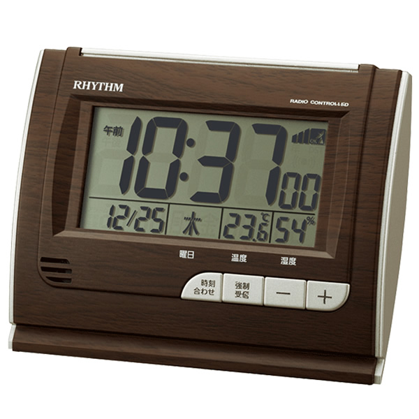 置き時計 目覚まし時計 電波時計 デジタル 温度 ・ 湿度 カレンダー 付 茶 (木目仕上げ) フィットウェーブD165 リズム RHYTHM｜gion｜03