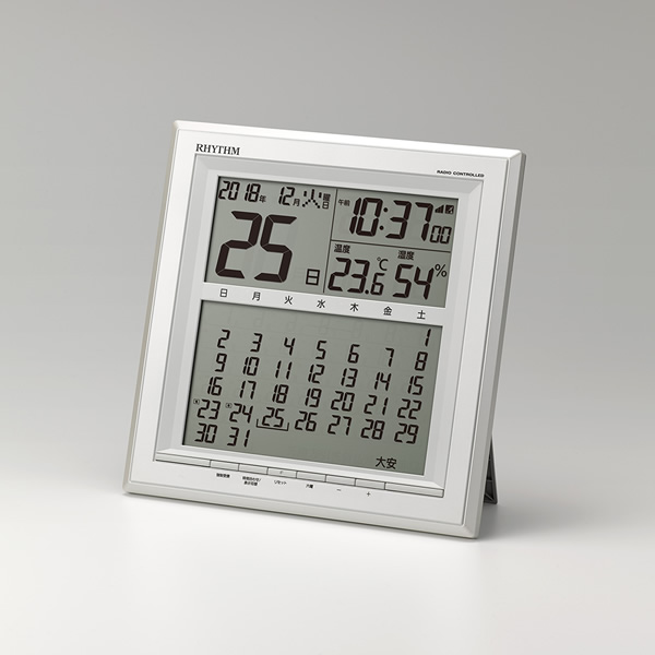 置き時計 掛け時計 電波時計 置き掛け兼用 カレンダー 温度 湿度 表示付き 白 デジタル リズム RHYTHM｜gion｜02