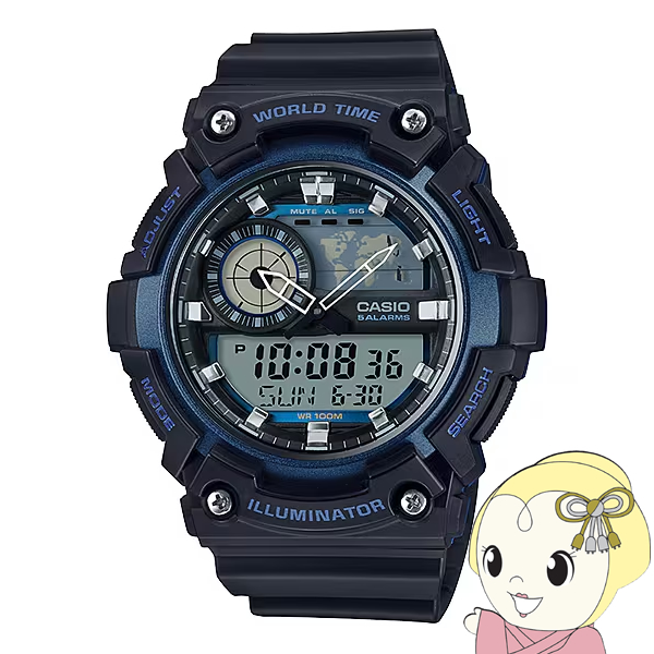 腕時計 カシオ CASIO 逆輸入品 AEQ-200W-2AV ワールドタイム アナデジ アナログ デジタル メンズ 海外モデル ブラック×ブルーメタリック