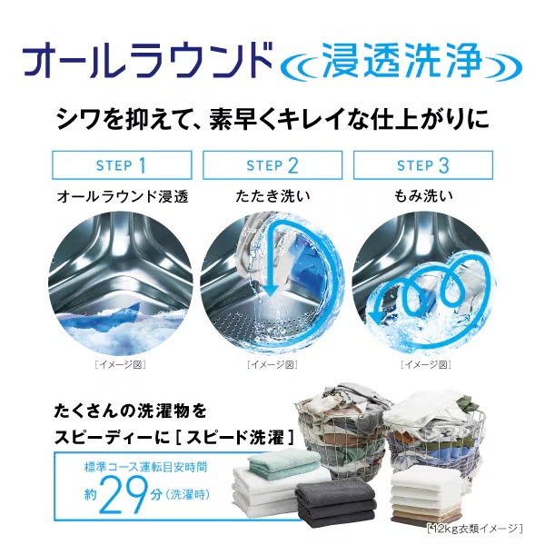 [予約 約1-2週間以降]ドラム式洗濯乾燥機 【標準設置費込】 AQUA アクア まっ直ぐドラム 洗濯12kg/乾燥6kg 右開き ホワイト AQW-SD12A-R-Wの画像