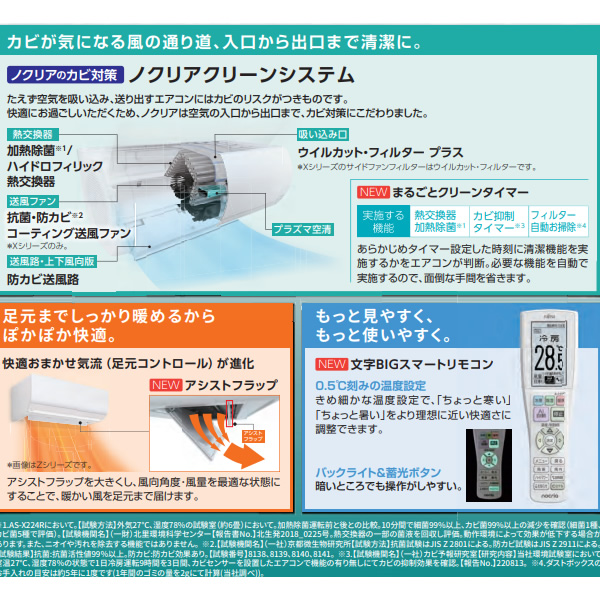 エアコン 標準工事費込 6畳 2.2kw 富士通ゼネラル nocria ノクリア Xシリーズ 単相100V ハイブリッド気流 AS-X224R-W｜gion｜04