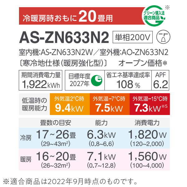 エアコン ゴク暖 ノクリア nocria ZNシリーズ ルームエアコン 単相200V冷房暖房20畳 富士通ゼネラル AS-ZN633N2-W  寒冷地仕様 ホワイト