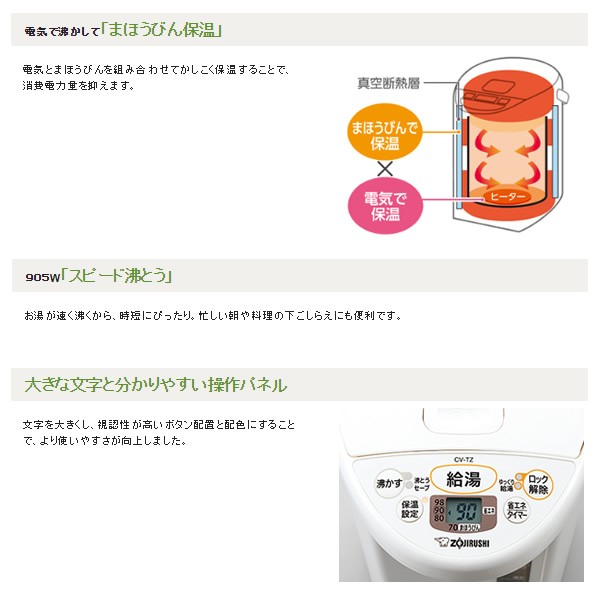 として CV-TZ30-WA ホワイト ぎおん - 通販 - PayPayモール 象印 マイコン沸とうVE電気ま