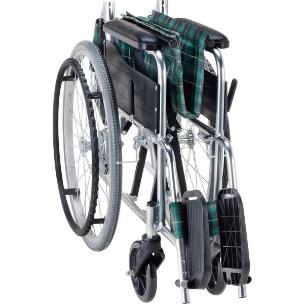 車椅子 自走式車椅子 折りたたみ ノーパンクタイヤ 背折れ 車いす エコノミーシリーズ 緑チェック EW-50GN マキテック｜gion｜02