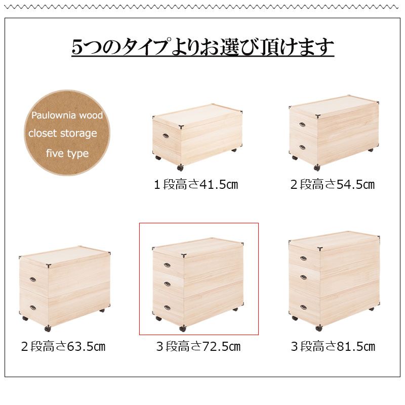 収納ケース 3段 桐箱 衣装ケース 高さ72.5cm 奥行77cm キャスター付 押入れ収納 完成品 生地仕上げの画像