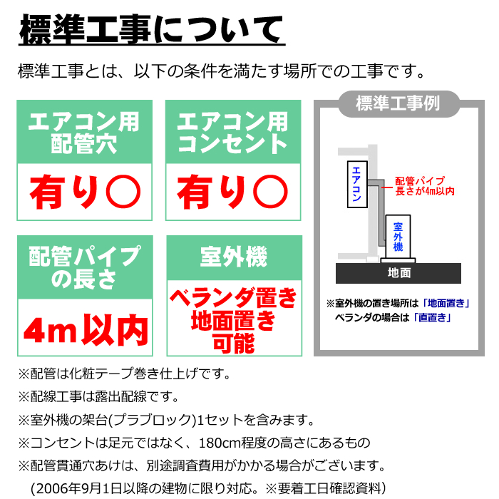 エアコン 新規取付標準工事「商品到着後翌日以降」冷房能力2.3〜4.9kw