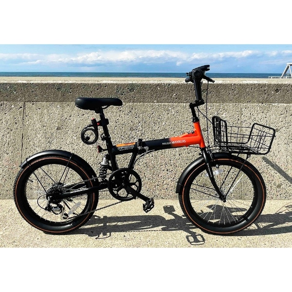 【後輪タイヤ新品！】サスペンション付き　6段変速　20インチ折りたたみ自転車　ブラック×オレンジ MYPALLAS 折りたたみ自転車 20インチ 6段変速 バスケット付 LEDライト