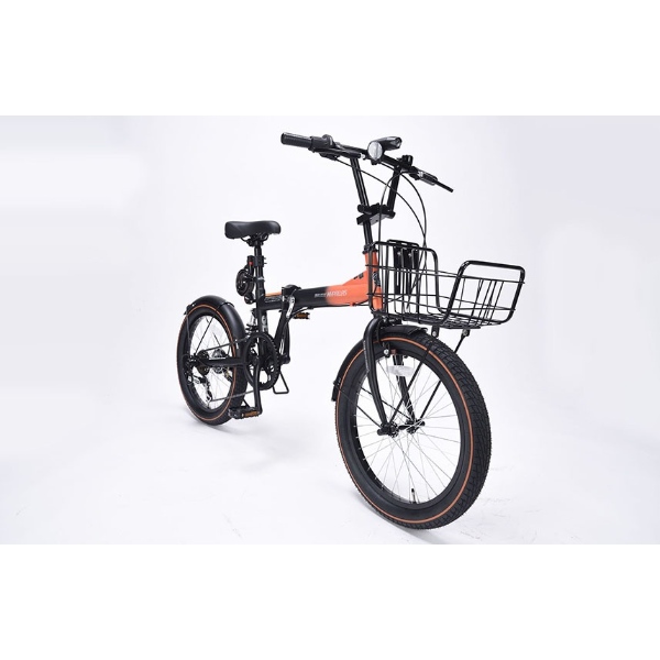 【後輪タイヤ新品！】サスペンション付き　6段変速　20インチ折りたたみ自転車　ブラック×オレンジ MYPALLAS 折りたたみ自転車 20インチ 6段変速 バスケット付 LEDライト