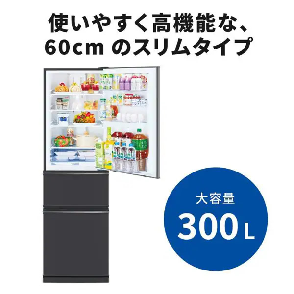 冷蔵庫【標準設置費込み】三菱電機 MITSUBISHI 300L 幅54cm 右開き 3ドア CXシリーズ マットチャコール MR-CX30J-H｜gion｜04