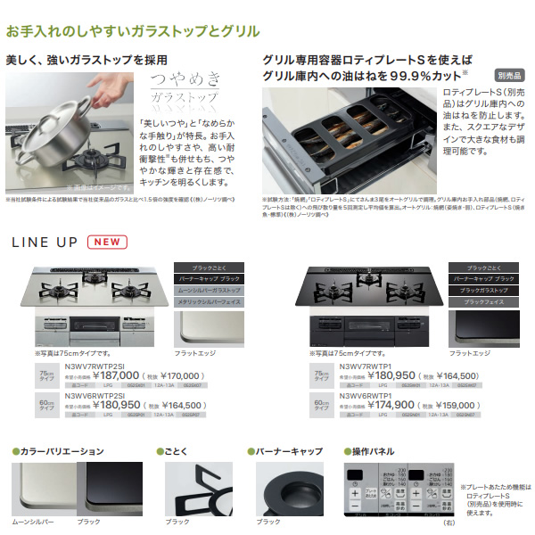 ビルトインコンロ ノーリツ NORITZ ファミ Fami N3WV6RWTP2SI 12A13A [ムーンシルバー] 都市ガス用 60cmタイプ ガラストップ 3口の画像