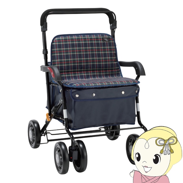 シルバーカー ボックスタイプ ワイドブル マキテック 座れる 手押し車 紺チェック NOB-42DB