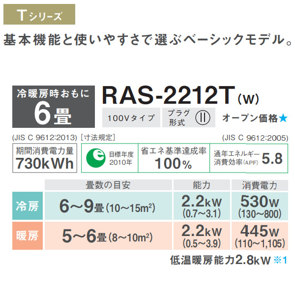 業界No.1 エアコン 6畳 東芝 RAS-2212T-W ルームエアコン 2.2kW