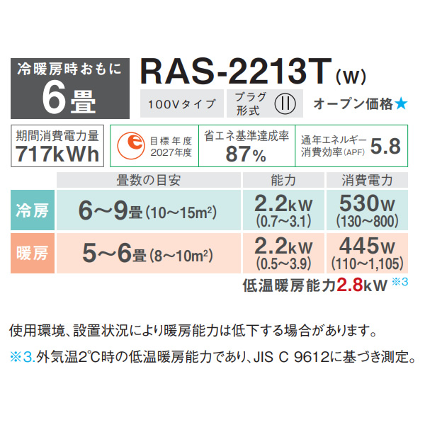 エアコン 6畳 東芝 2.2kw 単相100V 15A 室内機高さ250mm コンパクトタイプ　ホワイト スタンダード 除湿 暖房・冷房 RAS-2213T-W｜gion｜05