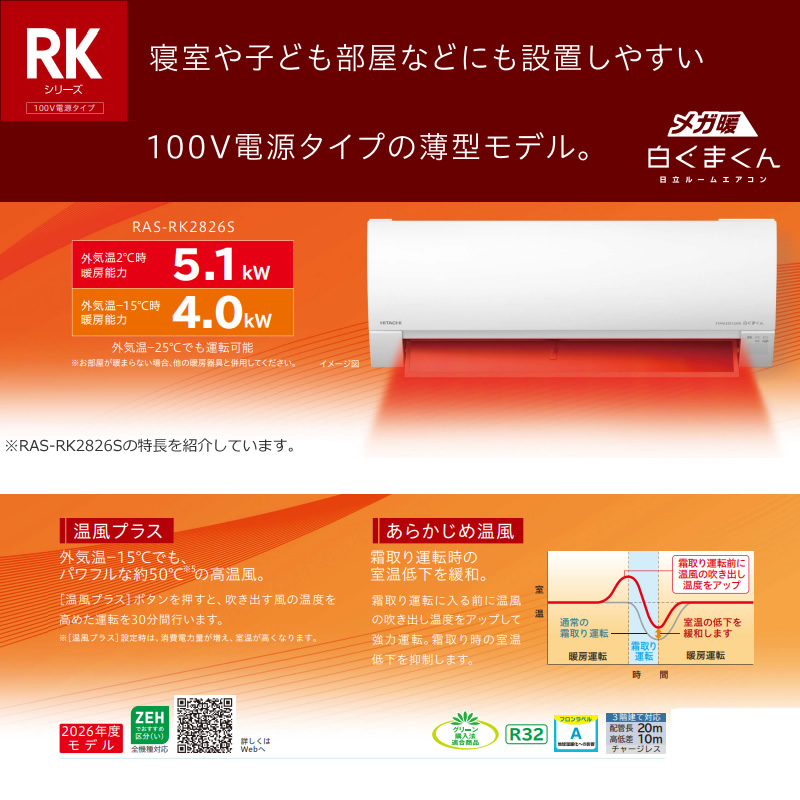 メガ暖 白くまくん エアコン 6畳 日立 2.2kW 単相100V RAS-RK2226S-W
