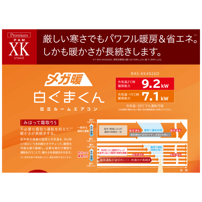 メガ暖 白くまくん エアコン 8畳 日立 2.5 kW 単相100V RAS-XK2526S-W