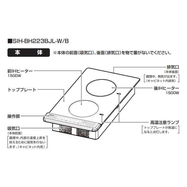 三化工業 ビルトインIHクッキングヒーター 2口 縦型 ブラック SIH