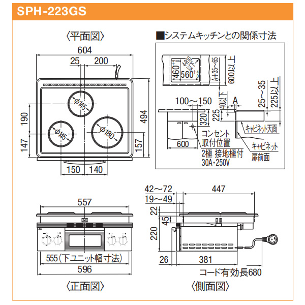 三化工業 プレートヒーター ビルトイン3口（グリル付） 200V SPH-223GS