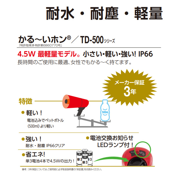 ノボル電機 4.5W かる〜いホン イエロー 軽量・耐水・耐衝撃仕様 メガホン TD-501Y |  | 03
