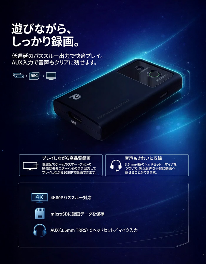 ビデオキャプチャー TEC TPREC-FHD フルHD録画 4K入力対応 HDMIパススルー USB-C対応 ポータブルキャプチャーボックス microSD保存 録画機_2