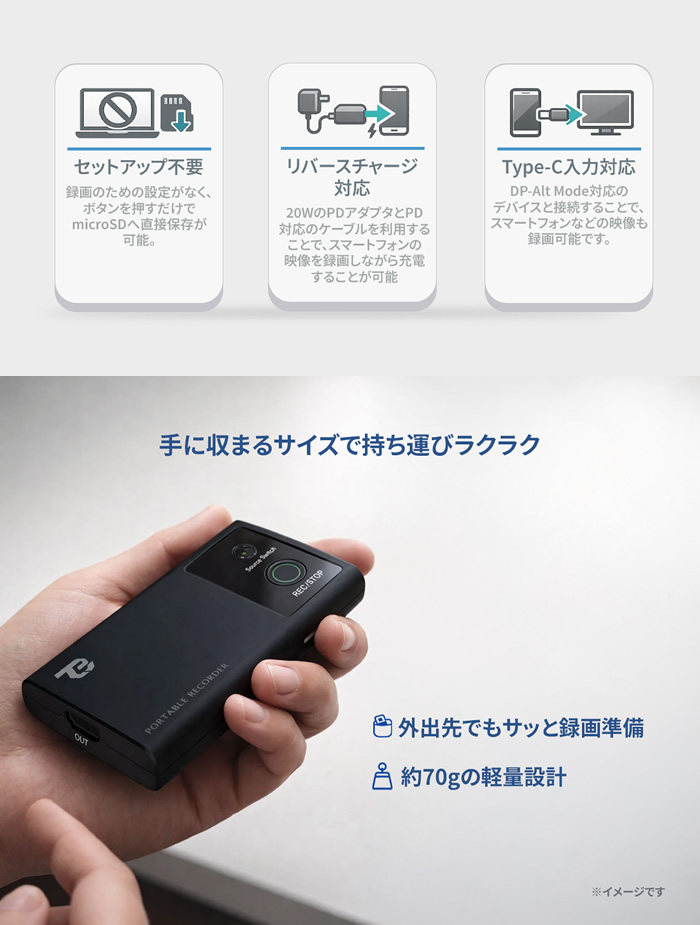 ビデオキャプチャー TEC TPREC-FHD フルHD録画 4K入力対応 HDMIパススルー USB-C対応 ポータブルキャプチャーボックス microSD保存 録画機_4