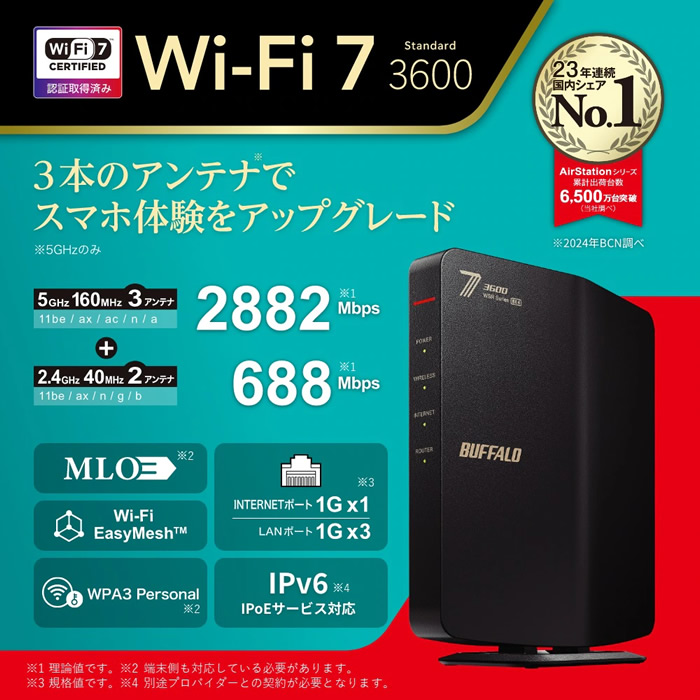 ELECOM Wi-Fi 7(11be)対応デュアルバンドWi-Fiルーター ブラック