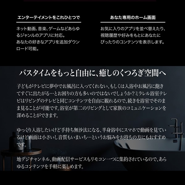 浴室テレビ 16V型 16MBTW mirarel ミラレル ネット動画アプリ対応 地