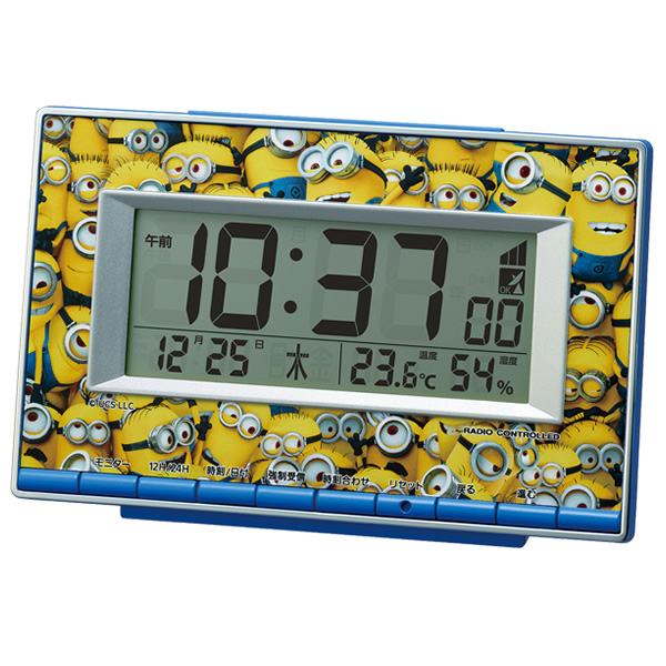 RHYTHM 置き時計 ミニオン 目覚まし時計 電波時計 温度 湿度 電子音