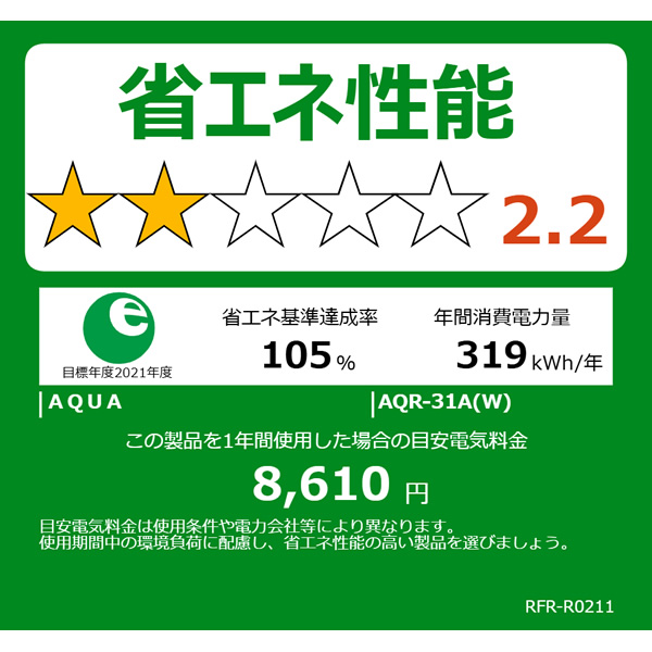 AQUA 3ドア冷凍冷蔵庫 309L アクア AQR-31A-W 右開き インバーター搭載 省エネ コンパクト設計 ぎおんの画像