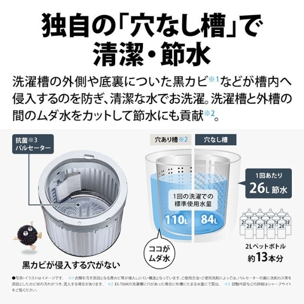 [予約]【京都は標準設置込み】洗濯機 シャープ 縦型全自動洗濯乾燥機 洗濯6.5kg 乾燥3.5kg 縦型洗濯乾燥機 穴なし槽 ES-TX6K-W ホワイト系/srmの画像