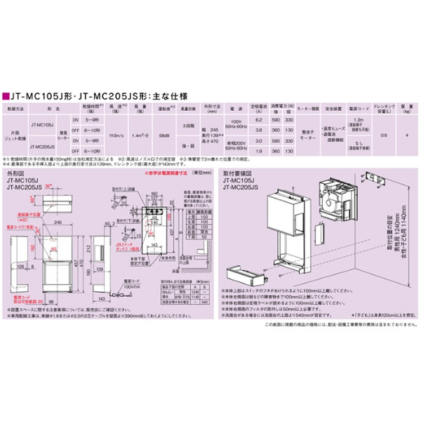 三菱電機 ジェットタオル ミニ JT-MC105J-W 省エネ 100V ハンドドライヤー　/srm_4