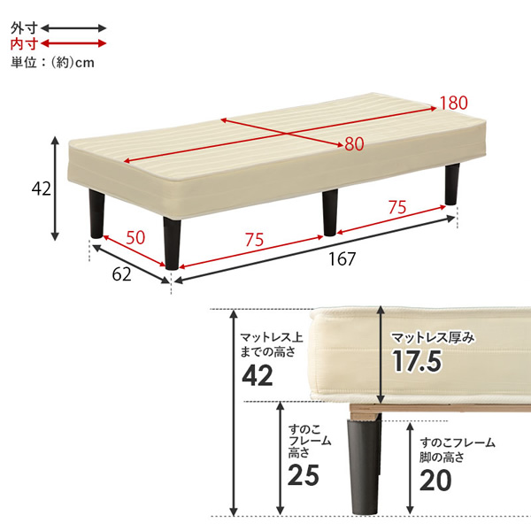 脚付きマットレスベッド 【メーカー直送】 萩原 ハギハラ ボンネルコイル SSS(セミシングルショート)サイズ アイボリー KMB-3105SSS-WH/srm