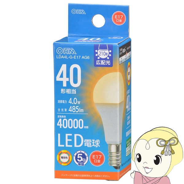 �I�[���d�@ OHM LED�d�� �~�j�N���v�g���`40W���� E17 �d���F LDA4L-G-E17 AG6