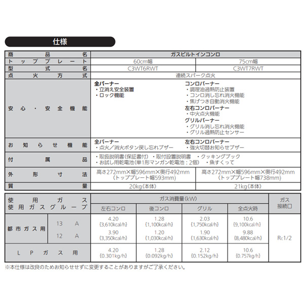 ビルトインガスコンロ NORITZ  ノーリツ  Fami ファミ スタンダード N3WT6RWTP1SI 都市ガス用 3口 両側強火タイプ 幅60cm/srm｜gioncard｜03