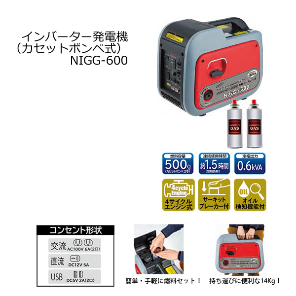 発電機 ナカトミ インバーター発電機 NIGG-600 カセットボンベ式 定格出力0.6kVA 600W NAKATOMI/srm｜gioncard｜02