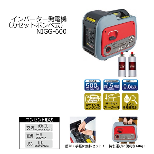 一流の品質 PEG-600iB インバーター発電機 カセットボンベ式 0.6kVA