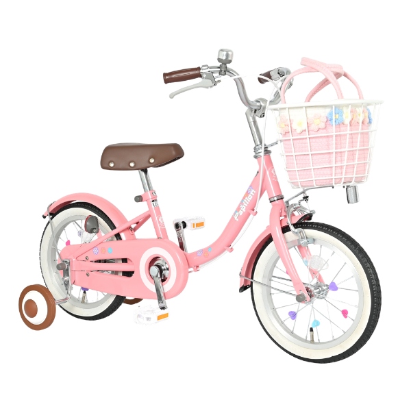 【メーカー直送】 子供用自転車 14インチ 美和商事 パピヨン14 ピンク 補助輪付き キッズ自転車 キッズサイクル お花かごバッグ付き/srmの画像