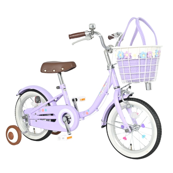 【メーカー直送】 子供用自転車 14インチ 美和商事 パピヨン14 ラベンダー 補助輪付き キッズ自転車 キッズサイクル お花かごバッグ付き/srmの画像