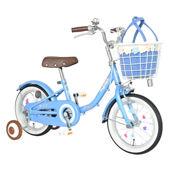【メーカー直送】 子供用自転車 14インチ 美和商事 パピヨン14 ブルー 補助輪付き キッズ自転車 キッズサイクル お花かごバッグ付き/srmの画像