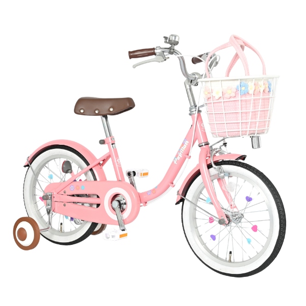 【メーカー直送】 子供用自転車 16インチ 美和商事 パピヨン16 ピンク 補助輪付き キッズ自転車 キッズサイクル お花かごバッグ付き/srmの画像