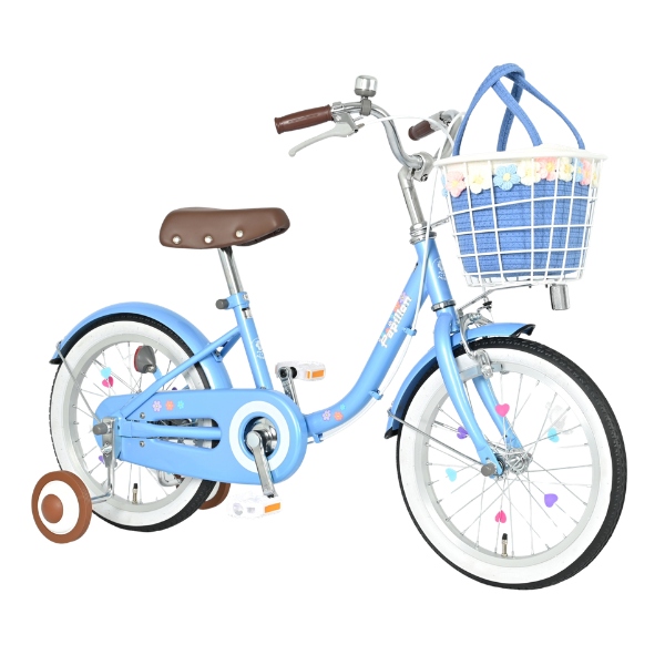 【メーカー直送】 子供用自転車 16インチ 美和商事 パピヨン16 ブルー 補助輪付き キッズ自転車 キッズサイクル お花かごバッグ付き/srmの画像