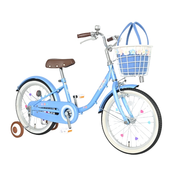 【メーカー直送】 子供用自転車 18インチ 美和商事 パピヨン18 ブルー 補助輪付き キッズ自転車 キッズサイクル お花かごバッグ付き/srmの画像
