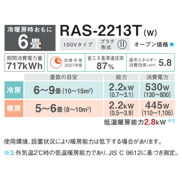 エアコン 6畳 東芝 2.2kw 単相100V 15A 室内機高さ250mm コンパクトタイプ　ホワイト スタンダード 除湿 暖房・冷房 RAS-2213T-W/srm｜gioncard｜05
