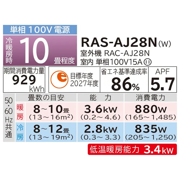 エアコン 10畳用 日立 白くまくん AJシリーズ 単相100V ホワイト RAS