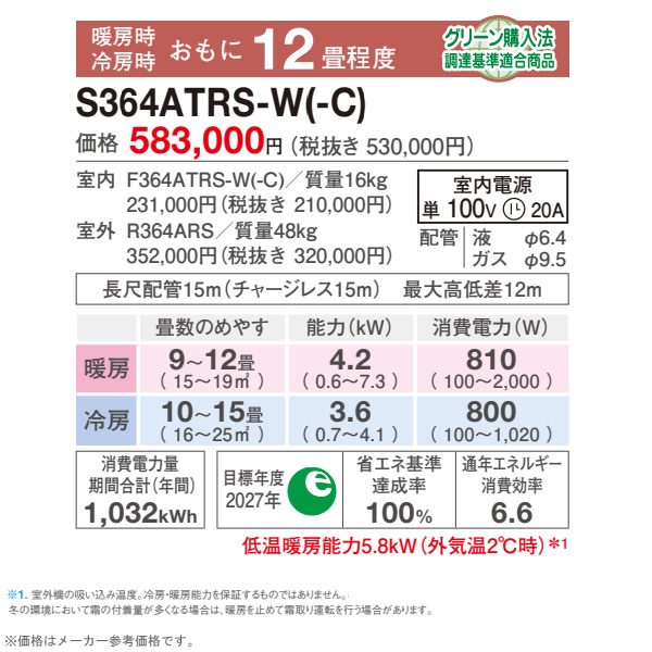 エアコン 12畳 3.6kw ダイキン ルームエアコン うるさらX RXシリーズ 単相100V 2024年モデル ホワイト S364ATRS-W/srm｜gioncard｜02
