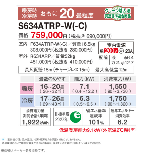 エアコン 20畳 6.3kw ダイキン ルームエアコン うるさらX RXシリーズ 単相200V 2024年モデル ホワイト S634ATRP-W/srm｜gioncard｜02